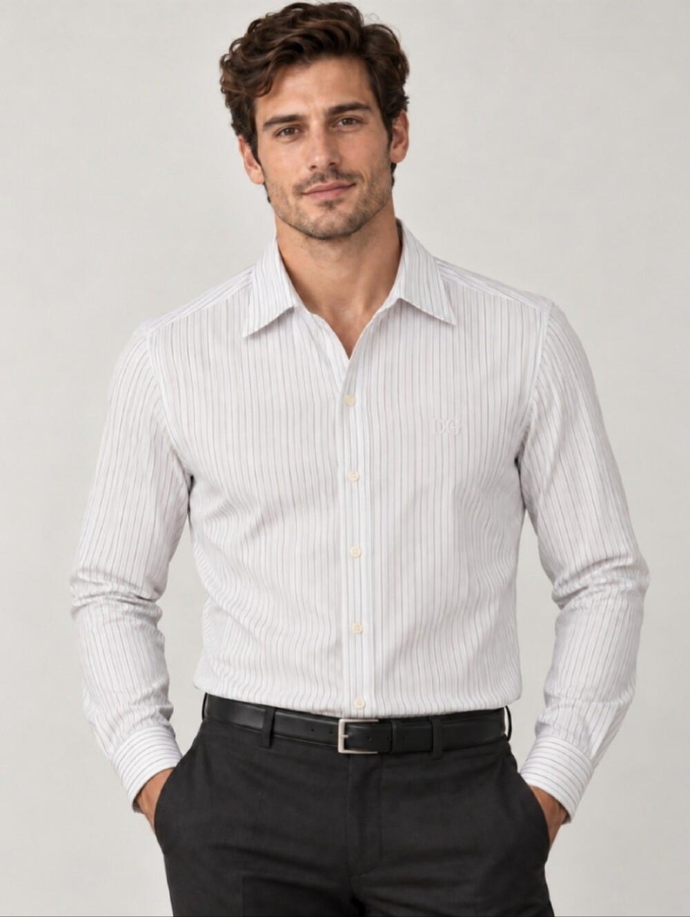 Dolce & Gabbana GOLD Men’s Pinstripe Dress Shirt DG Logo Italy Size 48 / US M